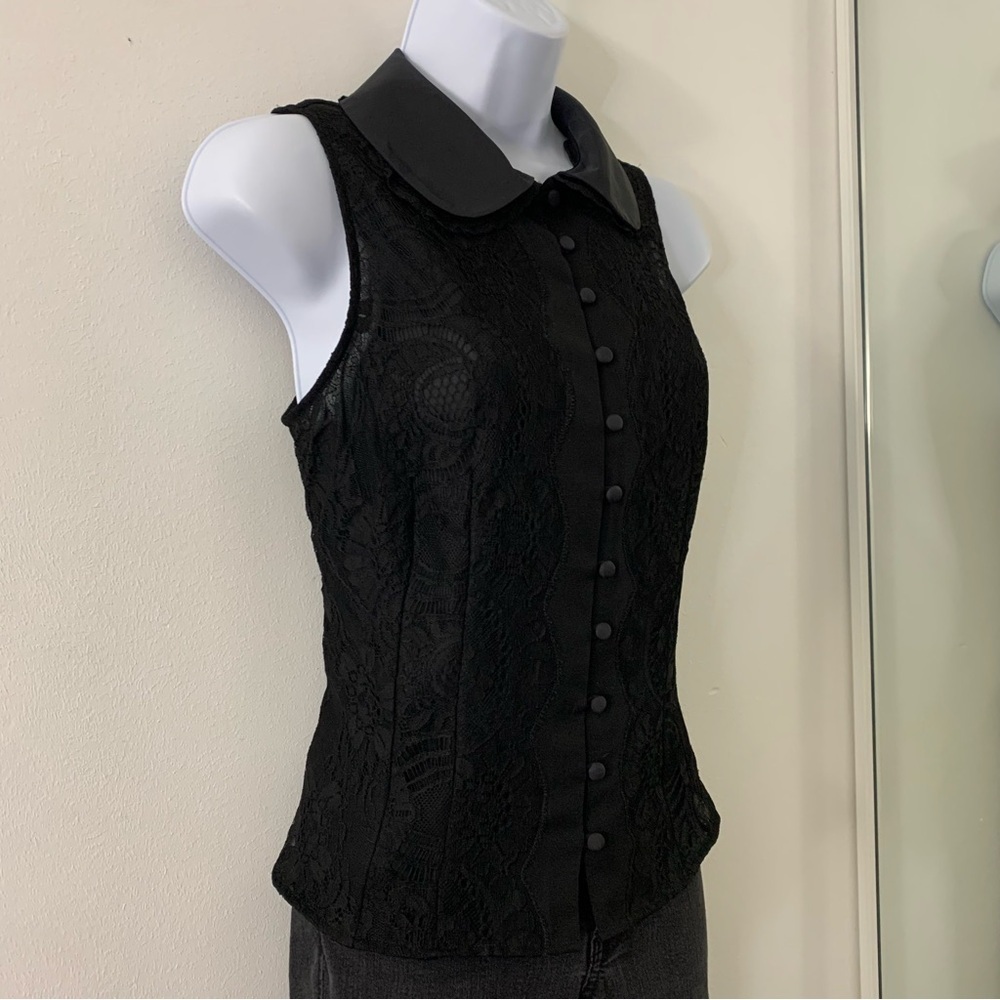 Goth Dark Academia Steampunk Pirate Black Lace Collared Sleeveless Waistcoat - Picture 3 of 15